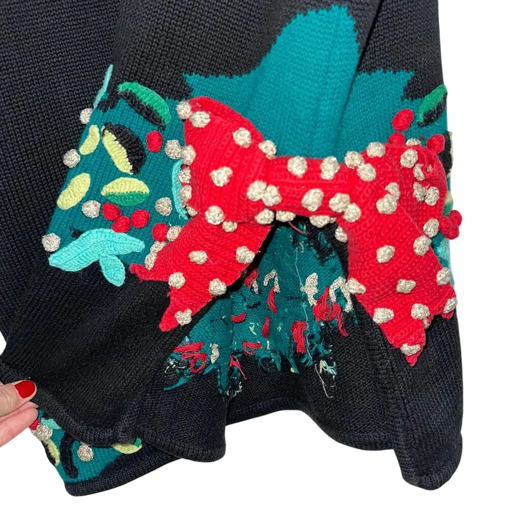 Vintage Marisa Christina Christmas Holly Berries Bow Knit Sweater Size M